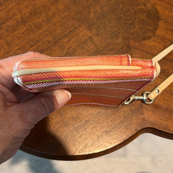 Coach Vintage wristlet coated canvas stripe Orange pink sage white/tan leather - Picture 12 of 13